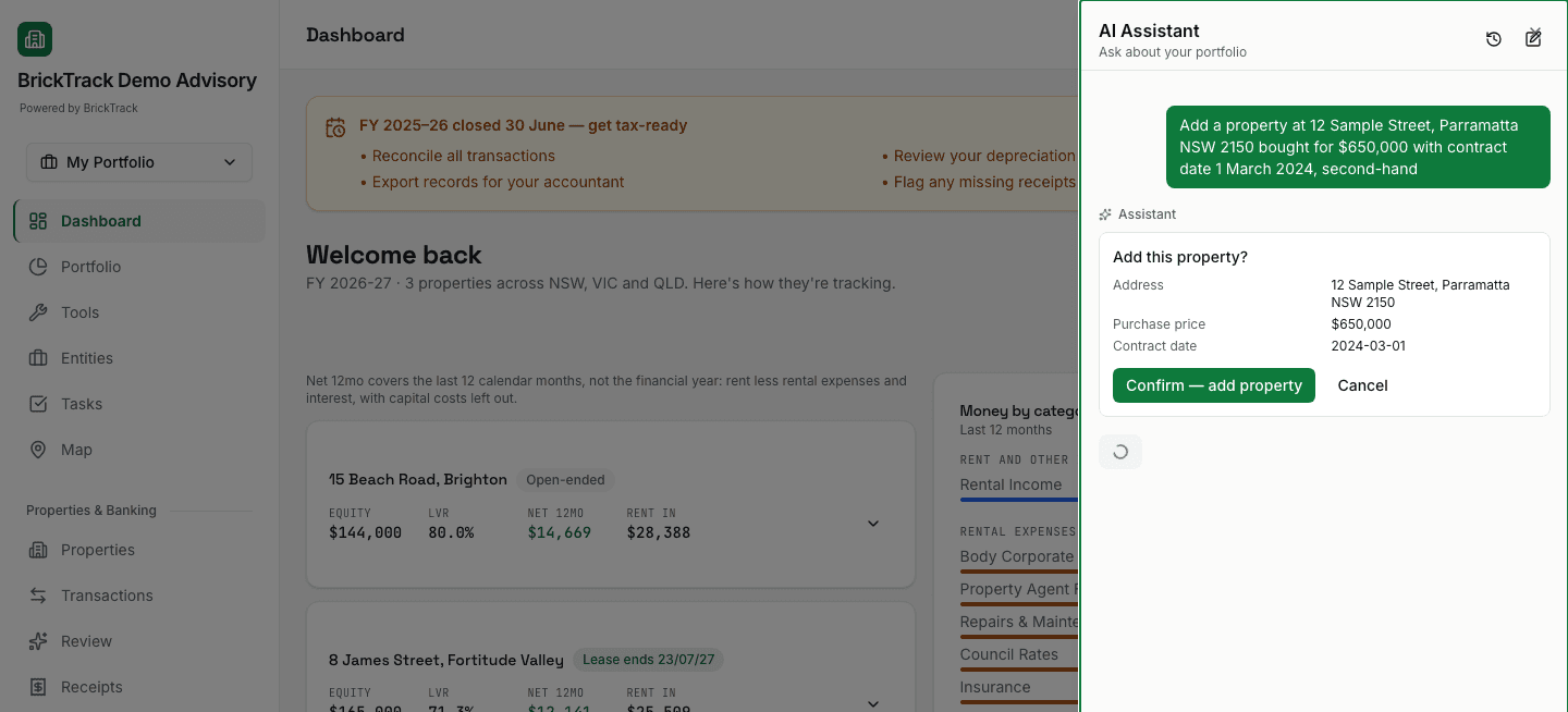 BrickTrack's AI assistant confirming a natural-language request to add a property