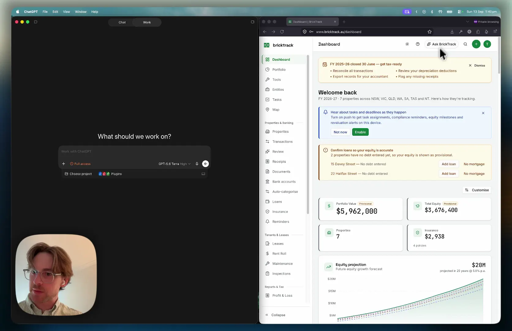 Founder walkthrough showing ChatGPT alongside a BrickTrack portfolio